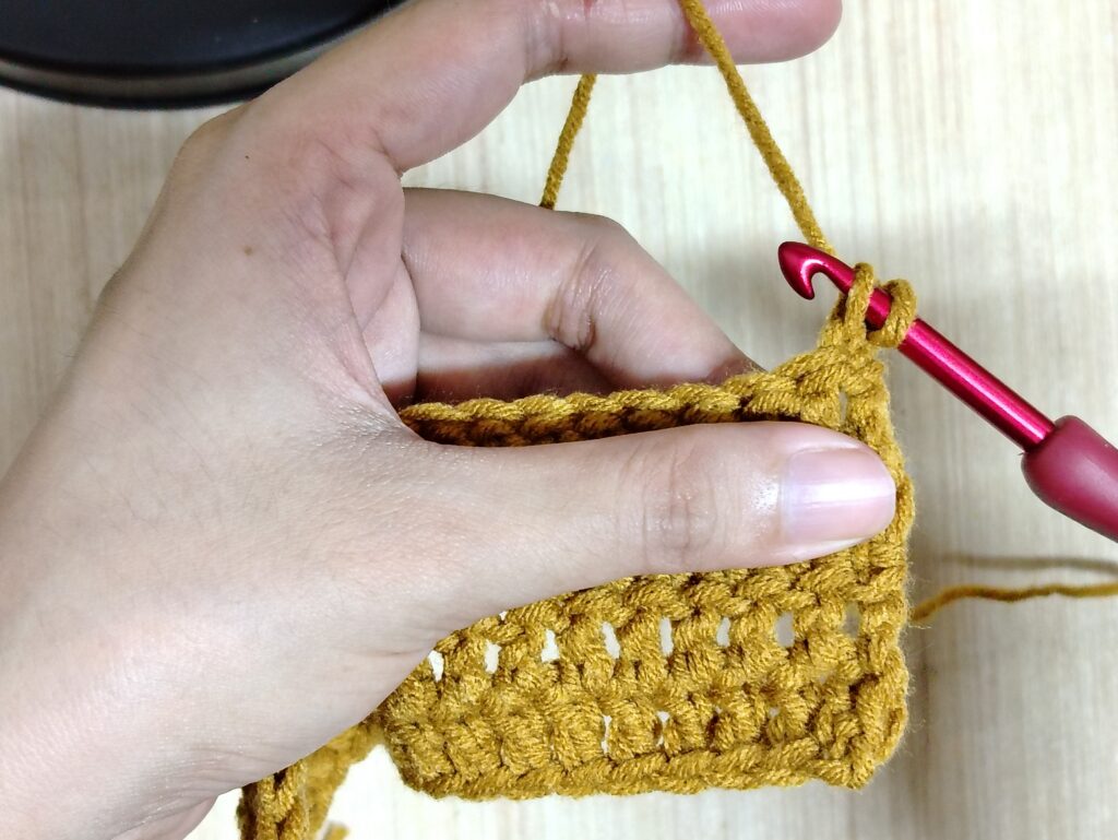 Crochet hook inserted into the leg post of a single crochet to create a stacked single crochet stitch.