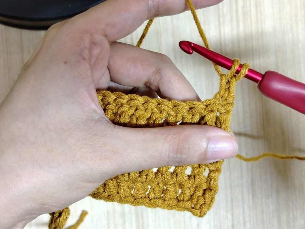 Two single crochet stitches stacked on top of each other at the beginning of a double crochet row.