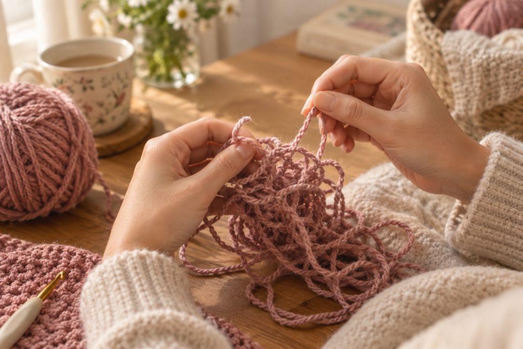 Untangling pink yarn as a symbol of unraveling the knots we carry through life