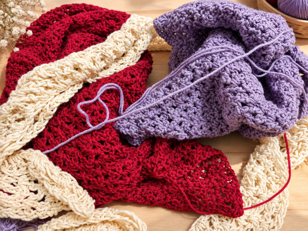 Stack of unfinished red, cream, and lavender crochet projects that will be remade into flowers for a bouquet blanket