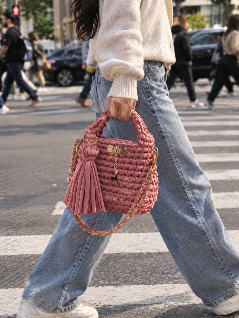 handmade chunky bag carried by top handle