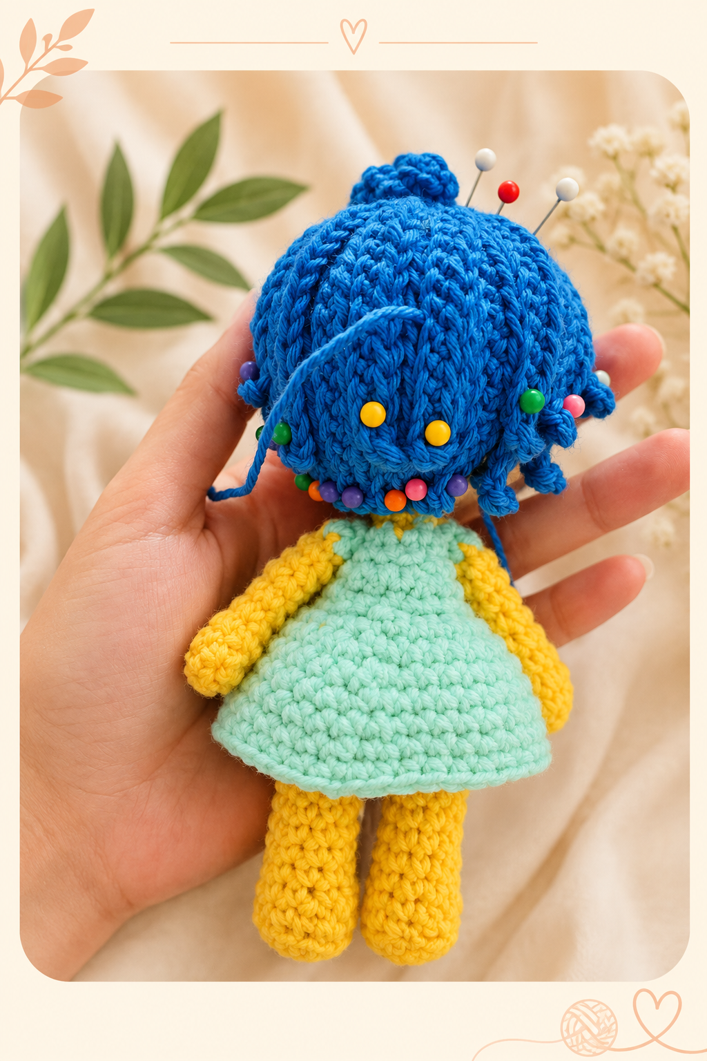 Joy Amigurumi Progress - Back shot of her blue hair