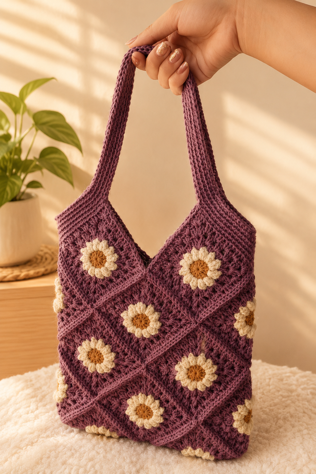 handmade purple daisy granny square tote bag