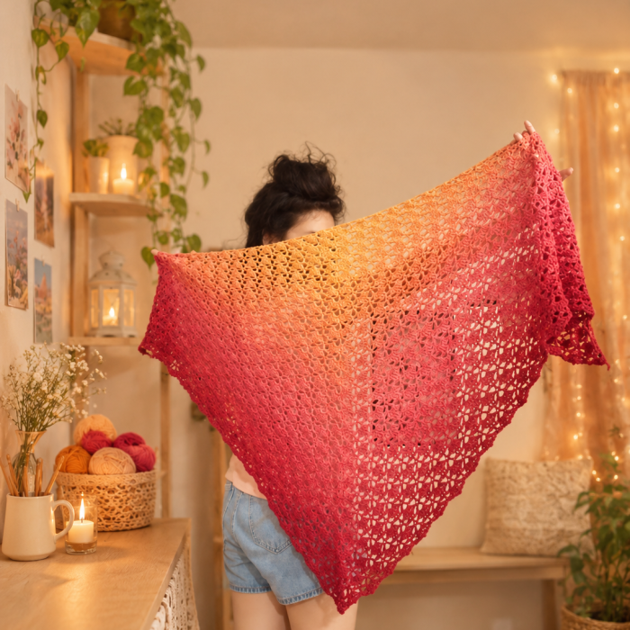 Rogue Ember Shawl | Handmade Crochet Gradient Shawl | Warm Coral & Golden Lace Wrap |