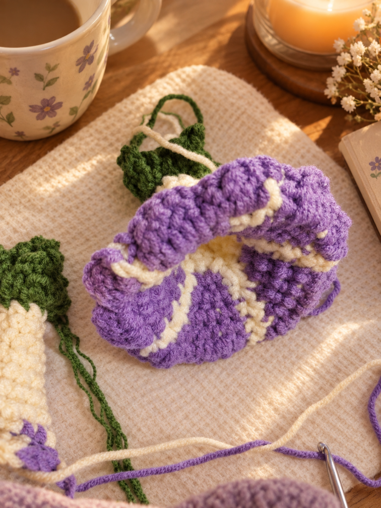 crochet morning glory flower, purpleand white streaks with deep green calyx