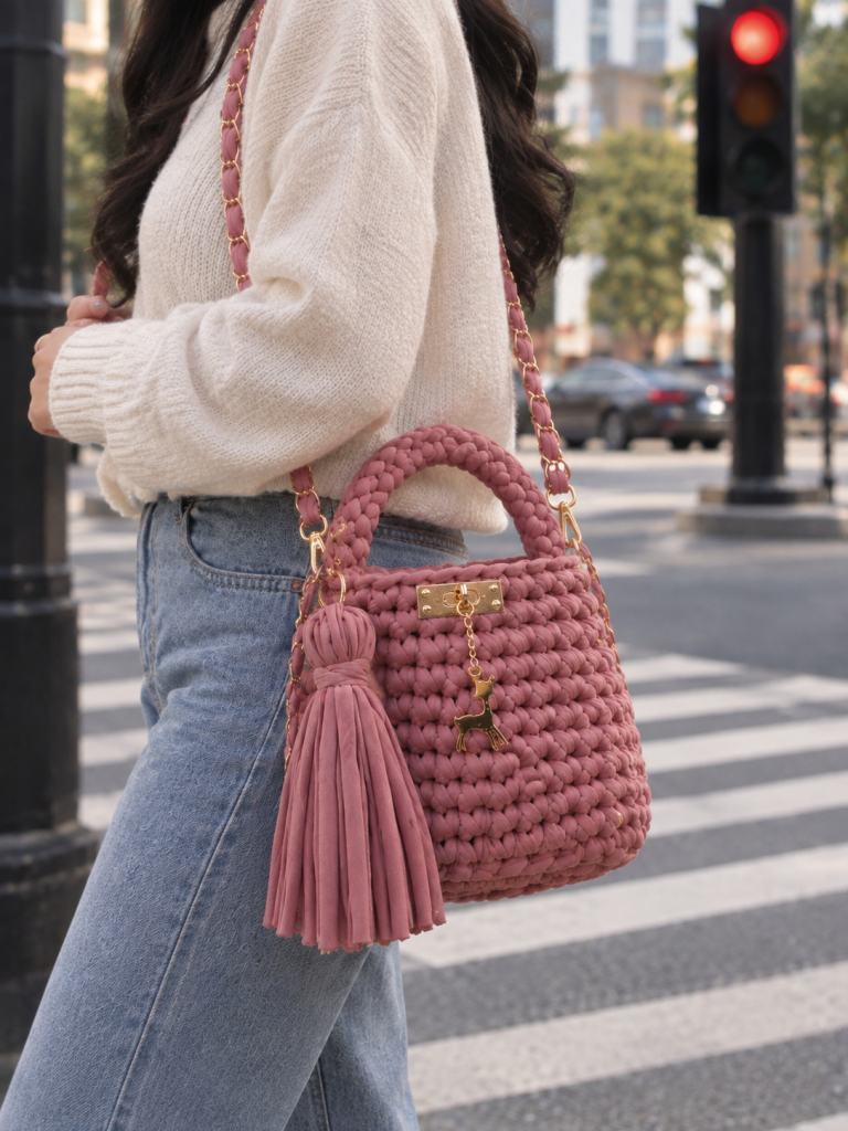 handmade chunky bag wearing as crossbody bag
